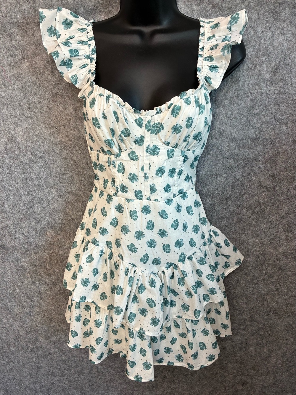 Floral Ruffle Mini Dress Cream Teal Cottagecore  Ren Faire Fairycore Size M